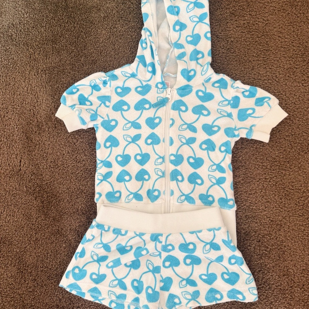 Old Navy White Hoodie Set with Sky Blue Heart & Cherry Print
